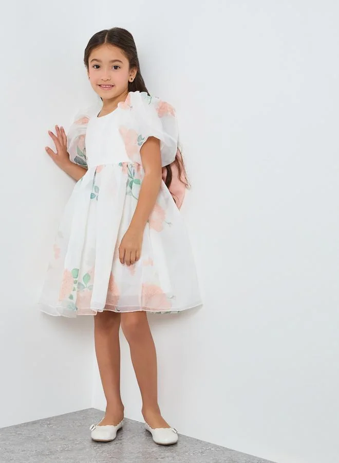 تايك تو فستان برتقالي بطبعة زهور وأكمام منفوخة